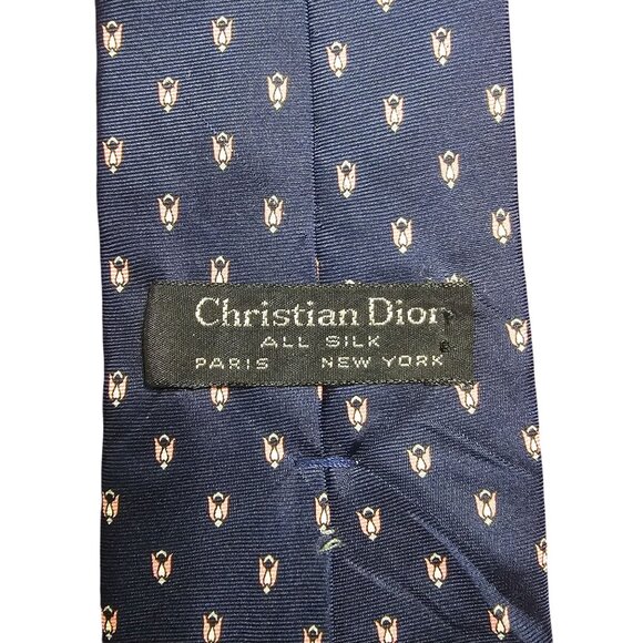 Christian Dior Navy & Pink Silk Tie Tulip Pattern 56" Designer Old Money Office - Picture 2 of 5